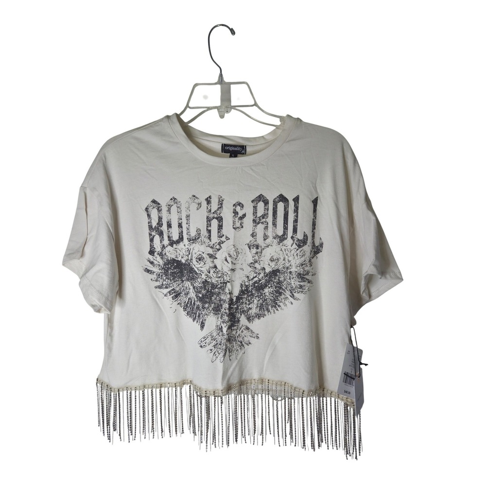 Originality Rock & Roll Graphic Crop Top Rhinestone Fringe White Small